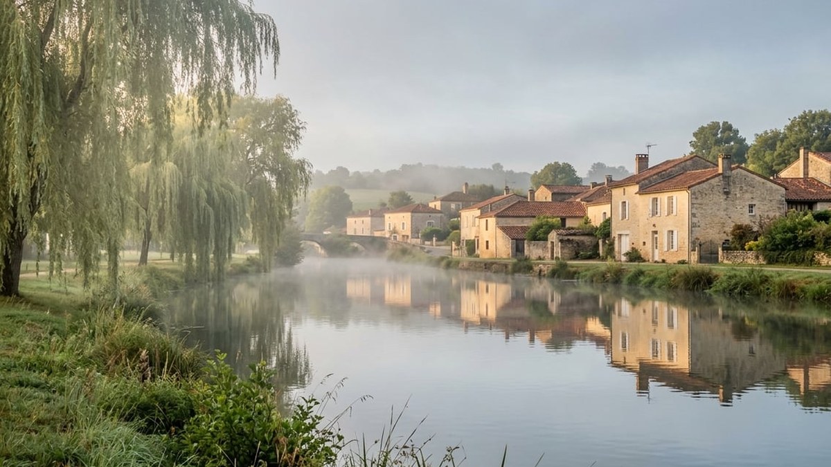 Vue de la Charente à Saint-Savinien au petit matin, brume légère et lumière filtrée — évocation d'une lecture régionale posée