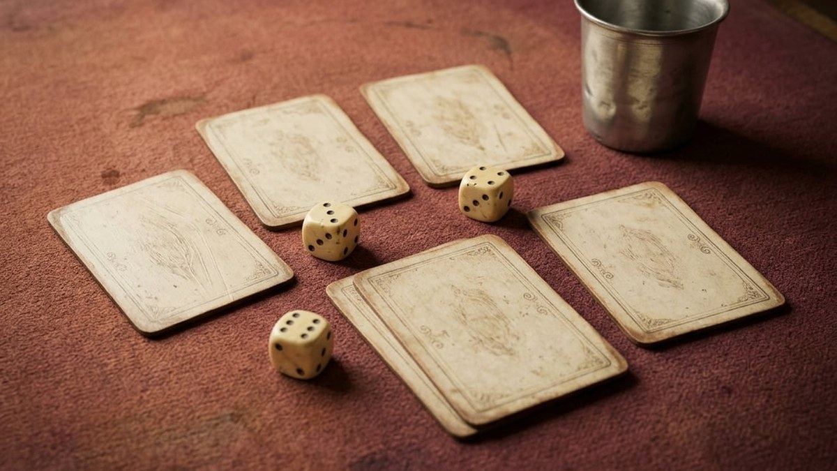 Détail texturé aux tons terracotta et sauge évoquant une table de jeu classique — tapis, cartes, ambiance feutrée