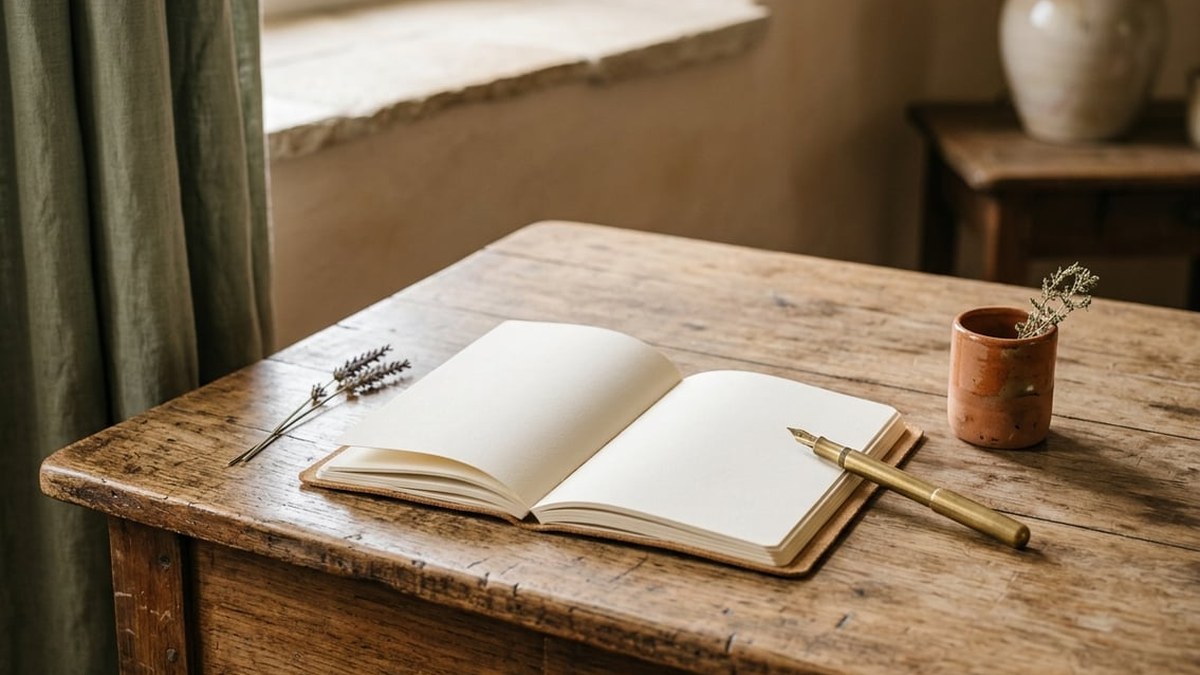 Bureau de rédaction chez l'auteure — carnet ouvert, tasse de thé, lumière tamisée — évocation d'un travail éditorial patient